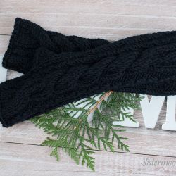 Długie czarne mitenki merino z warkoczem