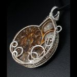 Posrebrzany wisior ze skamieliną Ammonitu - Pendant with Ammonite Fossil gift for her gift for him perfect present / silver plated / wire wrapped  / with black leather strap