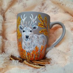 Biały jeleń ręcznie malowany kubek 300 ml.