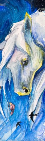 "Powiernik nocy" nastrojowa akwarela - koń, portret, magia nocy