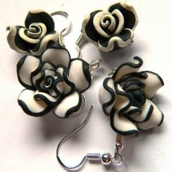 Czarno białe róże fimo,kolczyki w stylu retro