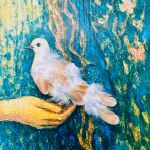 Anioł na desce 30 x 42 cm – z gołębiem i przesłaniem serca, życzenia - 