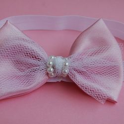 Retro opaska niemowlęca "Kokarda w różu i bieli"