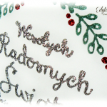 Świąteczny napis z gałązkami w brokacie obraz - Wesołych Świąt obrazek z brokatem