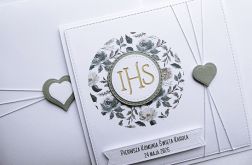 Kartka komunijna ręcznie robiona szare kwiaty