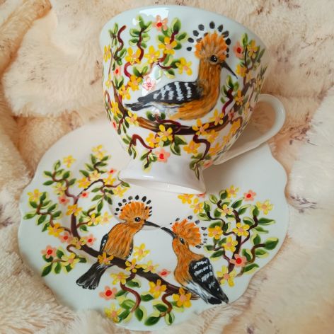 Ręcznie malowany komplet. Zakochane dudki filiżanka z talerzykiem