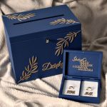 Komplet pudełek ślubnych - Granatowo złoty - Skrzynka na koperty ślubne granatowo złota, pudełko na obrączki z imionami, komplet pudełek ślubnych glamour