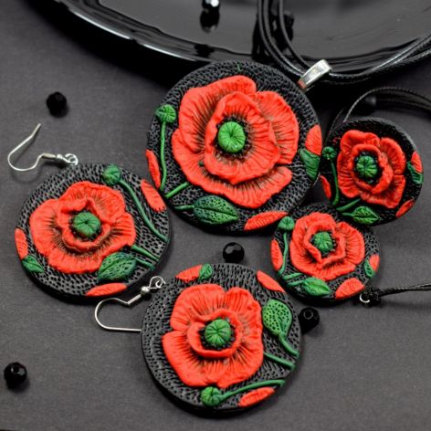 Duży komplet biżuterii "czerwone maki"