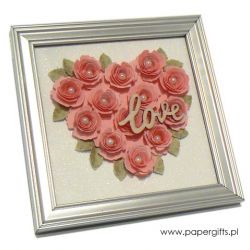 Walentynki Serce z róż w ramce dla kochanej osoby - pudrowe róże białe brokatowe tło