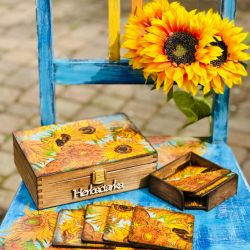 Zestaw prezentowy ze słonecznikami, pudełko na herbatę i podkładki, sielskie
