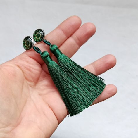 Kolczyki sztyfty z Chwostem Frędzle chwosty ciemno zielone