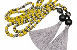 Naszyjnik Długi Sznur Złoto Szare Korale Szklane z Chwostami
