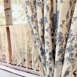 Zasłona lniana kwiaty blue jeans boho z frędzlami tunel 150/160cm