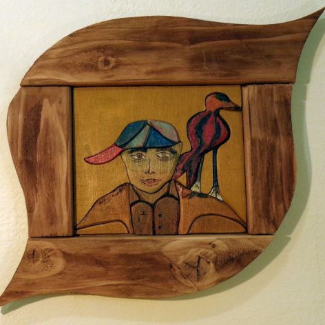 mozaika drewniana "Chłopak i ptak"