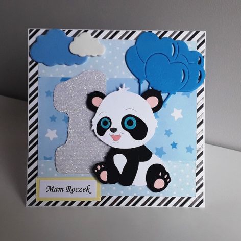 Kartka na Roczek miś panda nebieska