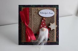 Kartka Świąteczna z czerwoną kokardką Skrzat Boże Narodzenie