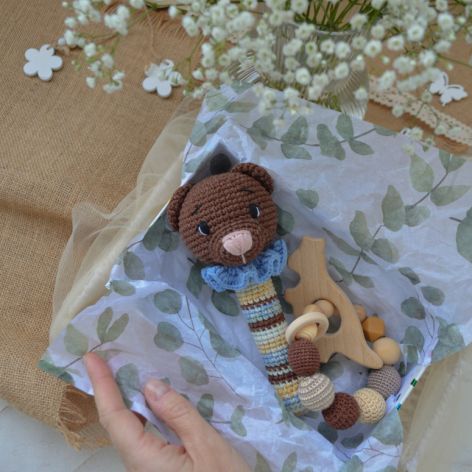 Zestaw prezentowy dla niemowlaka, Grzechotka miś, Gryzak dla noworodka