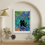 Plakat z czarnym kotem - Irysy Van Gogha - zabawny prezent dla miłośnika kotów