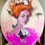 "Gniazdo" obraz akrylowy na płótnie owalnym artystki Adriany Laube - magiczny portret - 