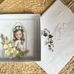 230,Kartka na komunię w pudełku dla dziewczynki z torebką 