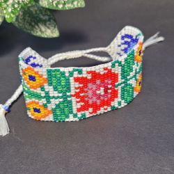 Bransoletka koralikowa folkowa etno Kwiaty Polski motyw tradycyjny ludowy łowicki Bransoletka koralikowa folkowa etno Kwiaty Polski motyw tradycyjny ludowy łowicki
