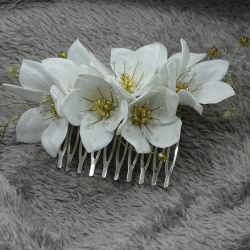 Biało złota ozdoba we włosy w kwiaty