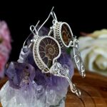 Srebrne kolczyki ze skamieliną amonitu - Sterling Silver earrings with Ammonite Fossil gift for her gift for mom perfect present, wire wrapped jewellery for women, handmade
