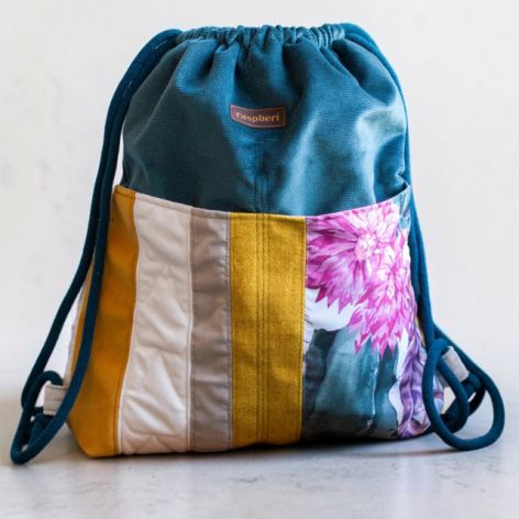 Plecak worek patchwork petrol – unikatowy plecak z weluru z kieszeniami