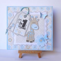 Kartka na roczek z żyrafą niebieska