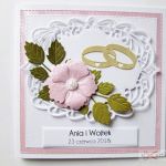 Kartka ŚLUBNA biało-różowa - Biało-różowa kartka na ślub z obrączkami