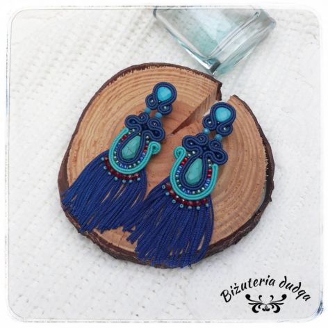 Kolczyki sutasz soutache boho frędzle turkus