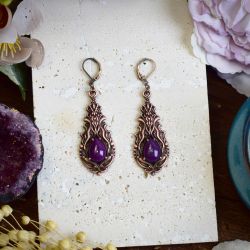 Miedziane kolczyki w stylu wiktoriańskim z fioletowym jadeitem #S3