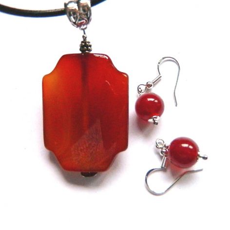 Energetyczny czerwony karneol, wisiorek i kolczyki, zestaw biżuterii