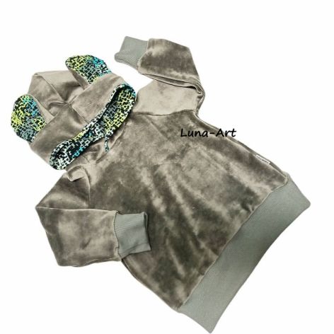 Bluza z kapturem, uszy okrągłe, szary welur r.80