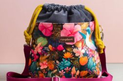 Ciemnoszara listonoszka z kominem z weluru w kwiaty i koliberki – handmade