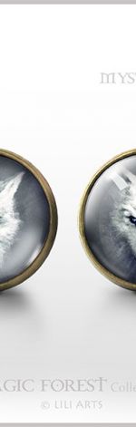 Biały wilk - antyczny brąz - kolczyki wkrętki