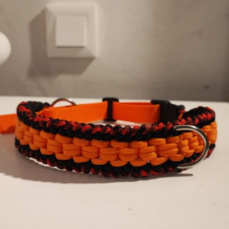Obroża dla psa Paracord Handmade 50-60 cm XL pomarańczowo-czerwono-czarna