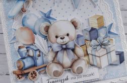 Kartka na roczek dla chłopca z misiem, personalizacja