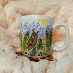 Góry i sowa Miłośnicy gór ręcznie malowany kubek 270 ml.