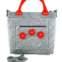 Red flowers in pocket/strap