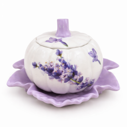 Gipsowy świecznik na podstawce w stylu prowansalskim z lawendowym dekorem, ręcznie wykonany
