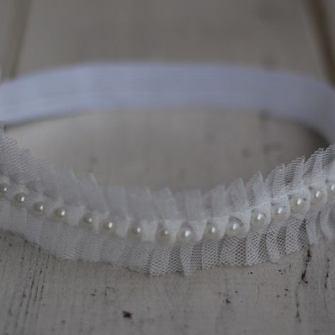 Perełki & tiul w bieli - diadem/opaska niemowlęca