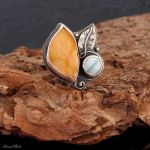 Pierścionek srebrny z bursztynem bałtyckim i larimarem regulowany - Srebrny z larimarem