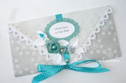 Kopertówka, kartka na ślub Młodej Pary popielato - turkusowa