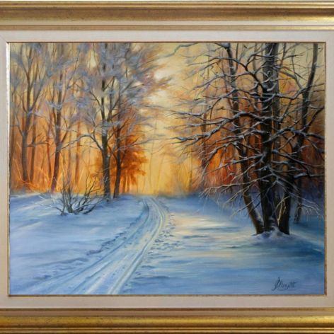 Pejzaż Zima w lesie -obraz ręcznie malowany