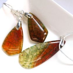 Zielono-pomarańczowy agat pajęczy i srebro, wisiorek, kolczyki - zestaw