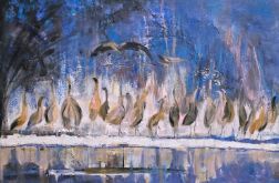 Żurawie manewry, obraz akrylowy na płótnie 70x50x1cm
