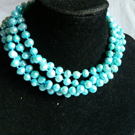 Naturalne błękitne perły słodkowodne, sznur pereł, naszyjnik