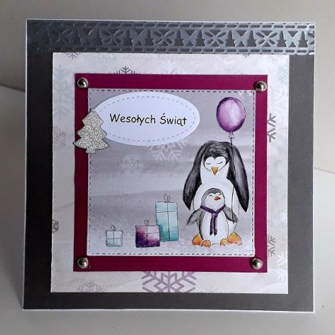 Kartka Boże Narodzenie handmade pingwiny