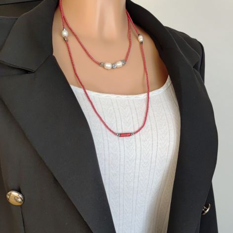 Naszyjnik Boho Koralikowy Maki Perły i Róże